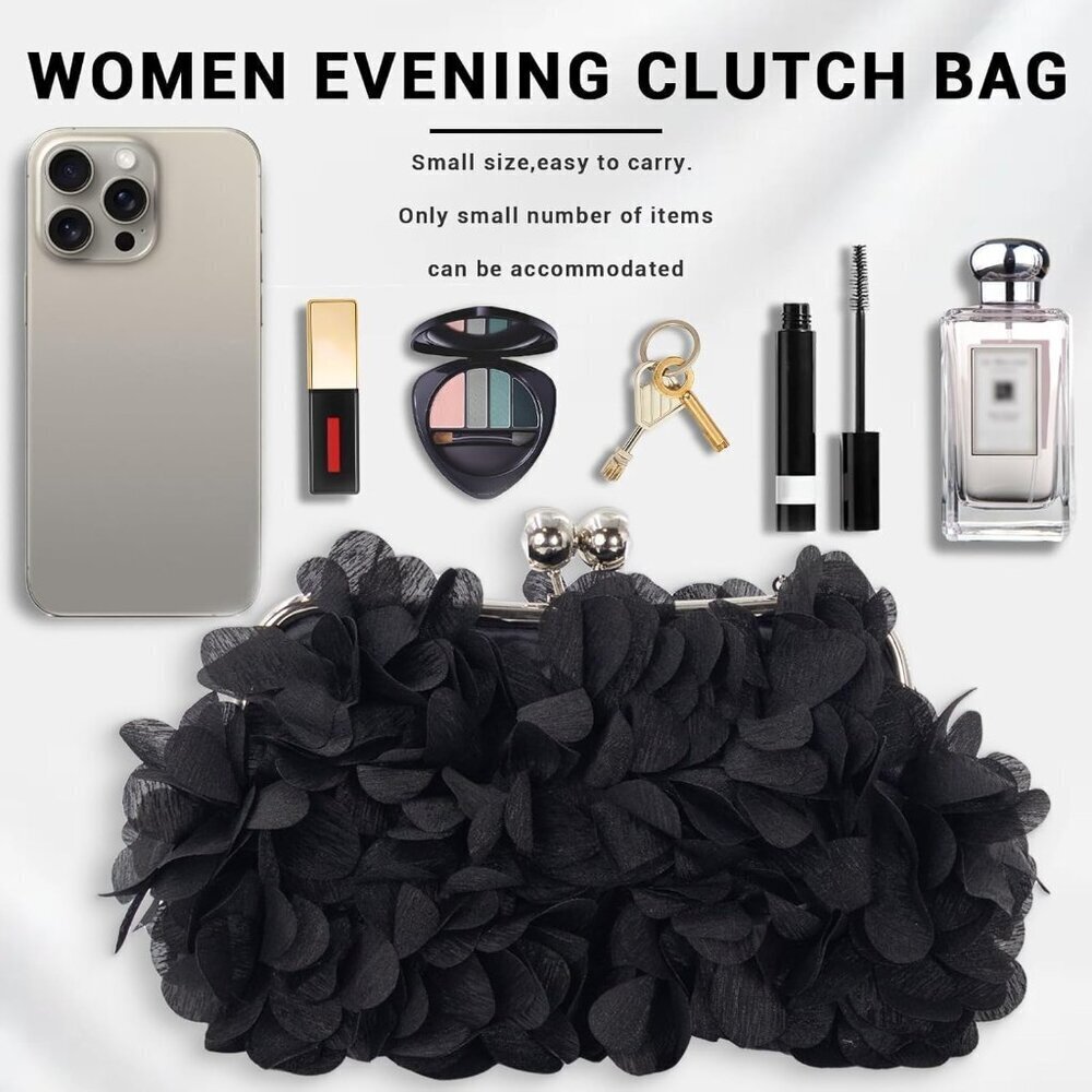 Women Elegant Satin Clutch Bag with Detachable Chain Small Floral Evening Purse - Picture 2 of 7